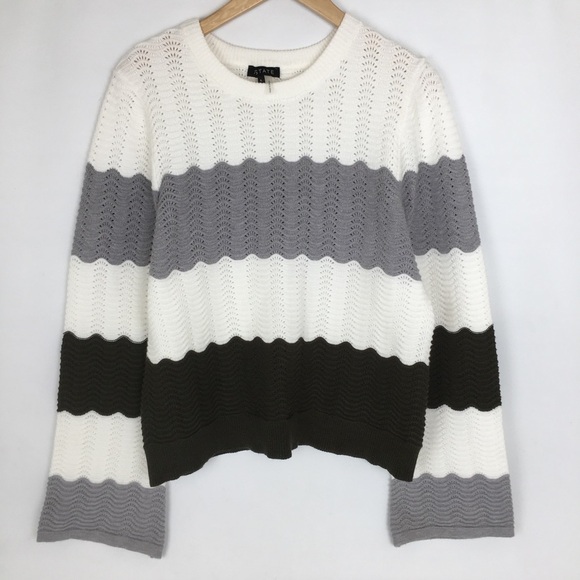 1. State Sweater Top Women’s Textured Pullover Grey White Green Striped Size L - Picture 2 of 14